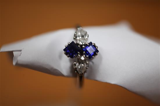 A 1940s white gold, diamond and sapphire ring, size L.